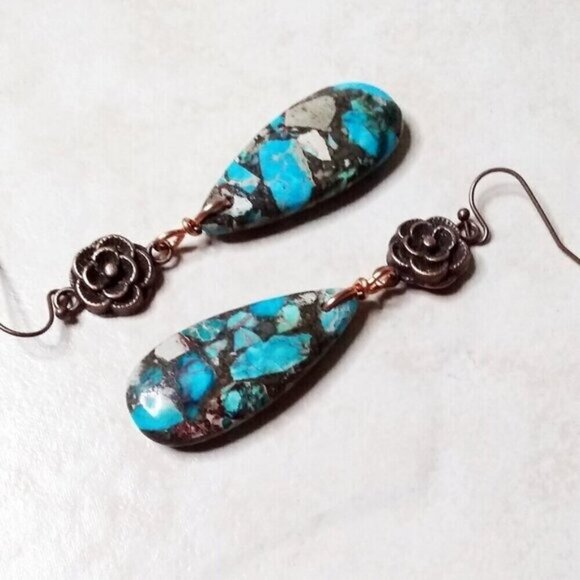 Sea Sediment Jasper & Copper Flower Dangle Earrings - Ultra Feminine + Alluring - Picture 3 of 6